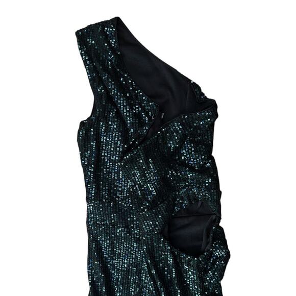NWT Love & Lemonade One Shoulder Thigh Slit Side Cutout Green Sequin Dress M - Picture 6 of 8